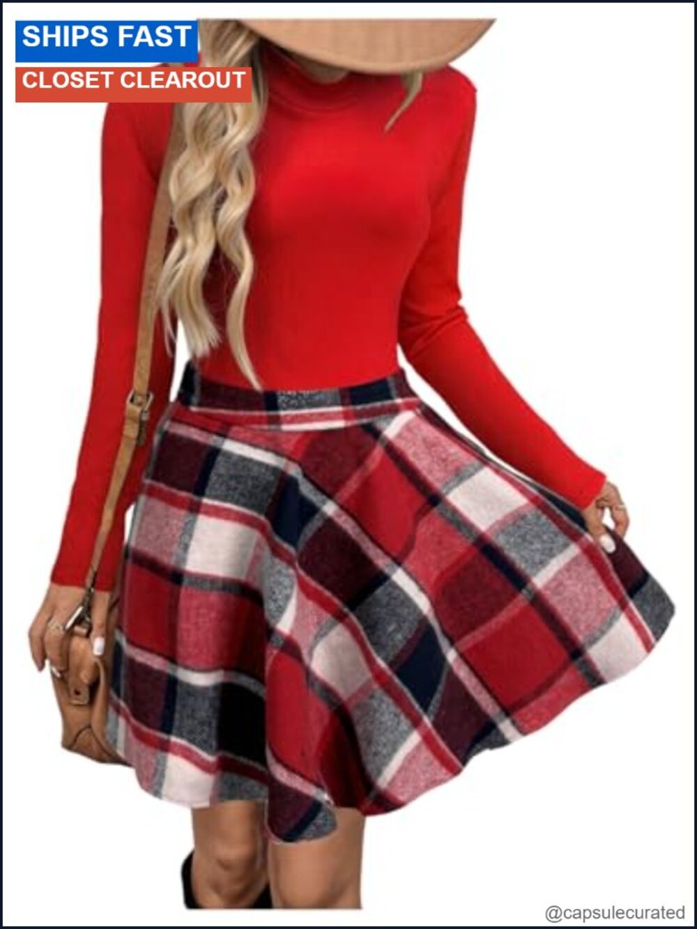 Women's 2 Piece Knit Top & Plaid Skirt Set Long Sleeve High Neck